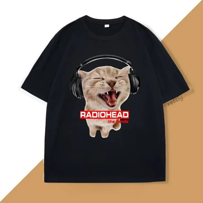 Lustiges Headset-Katzen-Radiohead-The-Bends-Grafik-T-Shirt Unisex Vintage Rockband-Tee Y2K Hip-Hop Streetwear Tops Musik-Fan-T-Shirts – Detail 4