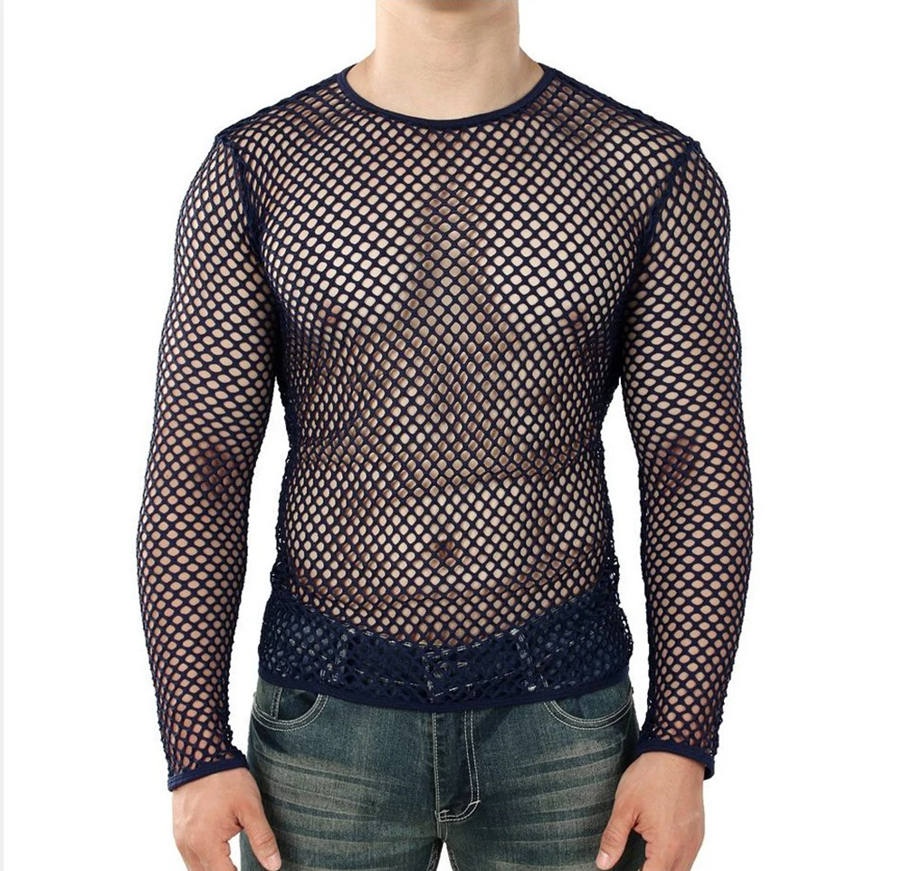 Men Transparent Sexy Mesh T Shirt 2024 New See Through Fishnet Long Sleeve Muscle Undershirts Nightclub Party Perform Top Tees