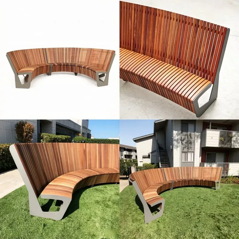 Curved Landscape Seating with Teak Slats Weatherproof Aluminum Frame Public Benches for Park Community Commercial