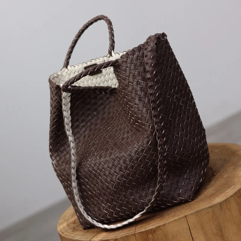 Luxury Pure Hand-woven Genuine Leather Tote Large Capaciry Commuting Single Shoulder Bags Women Vintage Casual Handbag