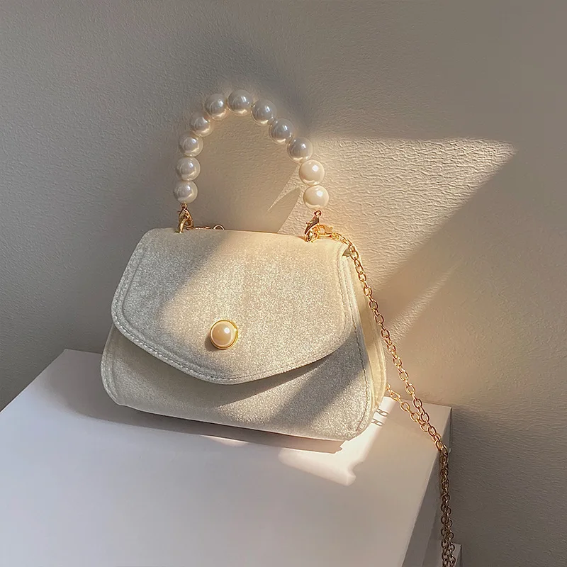 

Women Bag French Elegant Vintage Pearl Handbag Suede Chain Small Square Crossbody Bag Flap Evening Bag New Trend Shoulder Bag