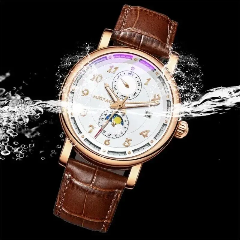 AOKULASIC Brand Mechanical Automatic Self Wind Men\'s Watch Moon Phase 3Bar Waterproof Day Date Sports Wristwatch Best Gift