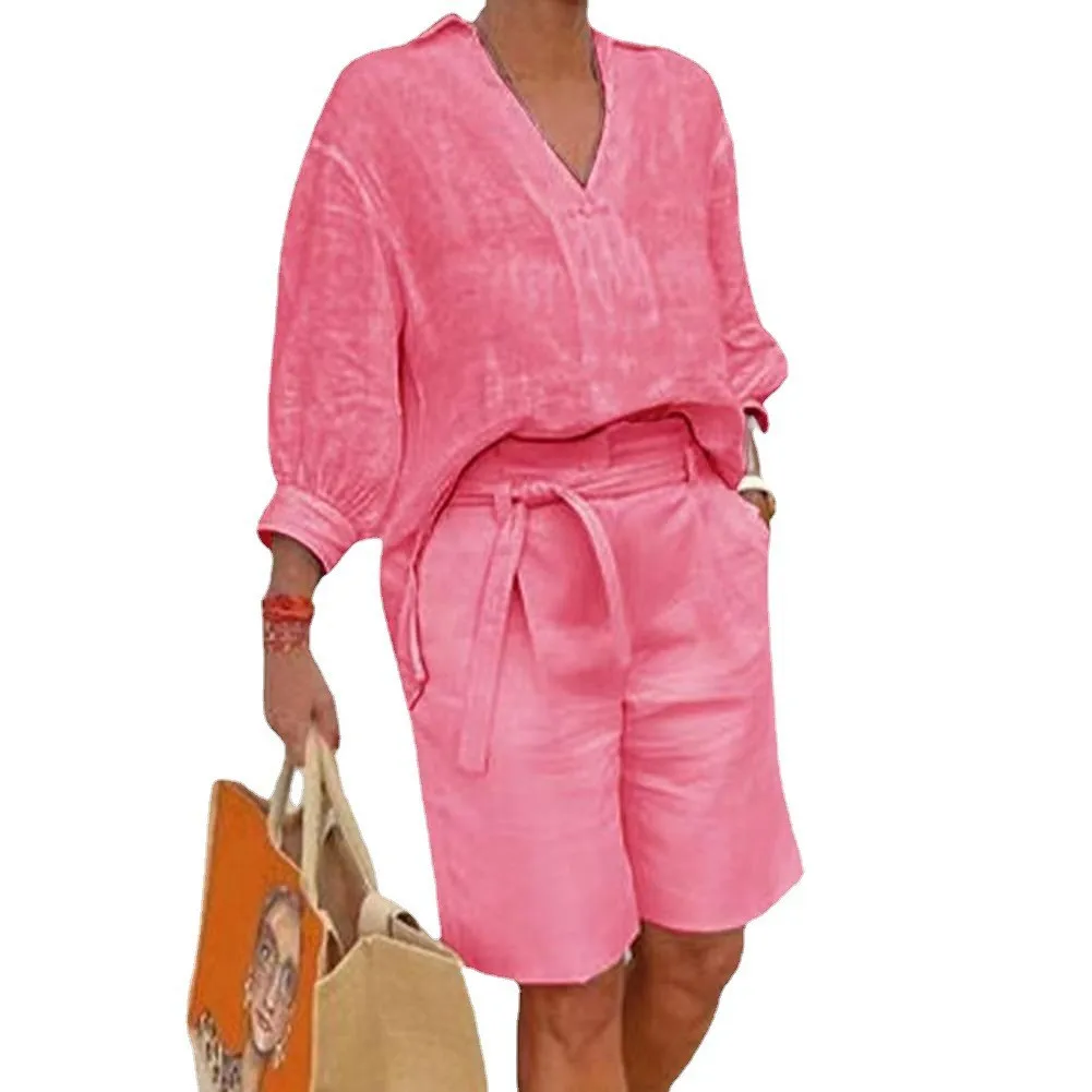 Elegant Linen Sets Spring Summer Casual Matching Jumpsuit Pants Playsuit Two Piece