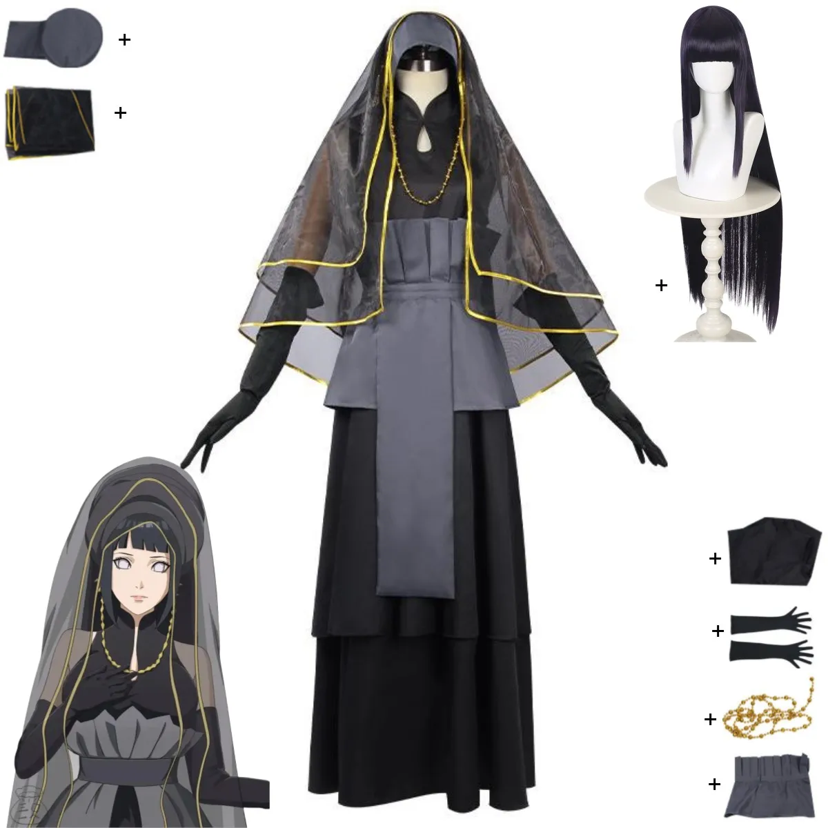 

2026 Anime Hyuga Hinata Cosplay Costume Black Wedding Dress Veil Princess Skirt Hat Wig Adult Woman Sexy Carnival Halloween Suit