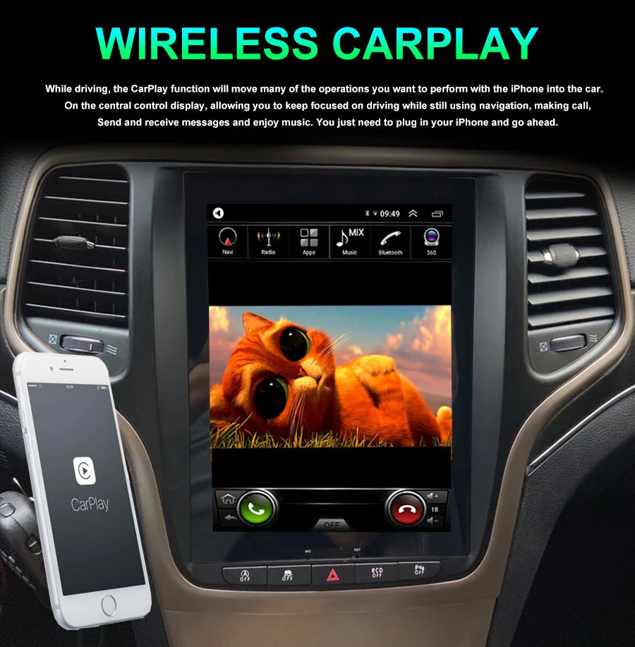 Android 14.0 Tesla Style 8G+256G Carplay Car Video Player Radio For Jeep Grand Cherokee 2014 2015 2016 Car Stereo GPS Multimedia