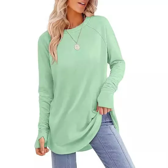 Women's Round Neck Solid Color Long-sleeved Top Loose O Neck Pullover Tops