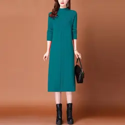 Long Knee Length Autumn and Winter Dress for Women New Chinese Style Mom Outfit Loose and Slim Knitted Woolen Casual Dresses