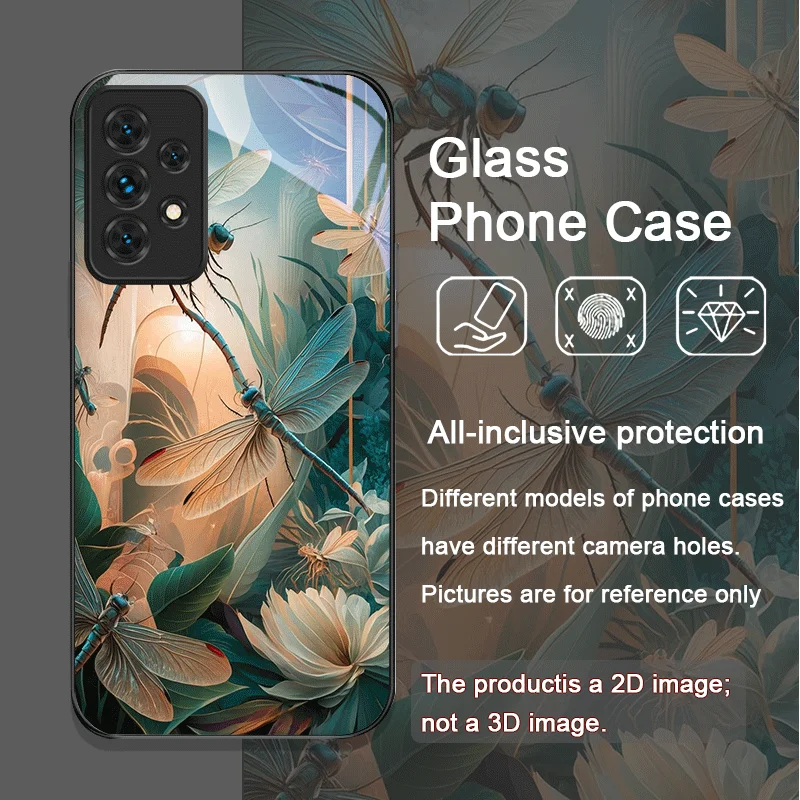 Vintage Dragonflies Floral Pattern Tempered Glass Phone Case for Samsung Galaxy A06 A72 A55 A54 A53 A52 A36 A15 A14 A13 5G Cover