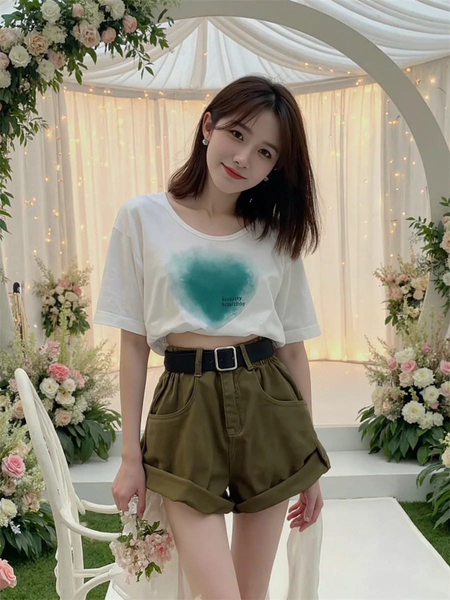 데님 롤 엣지 하이 웨이스트 루즈 쇼츠 여성용 우아한 겨울 심플 루즈핏 홈웨어 라운지웨어