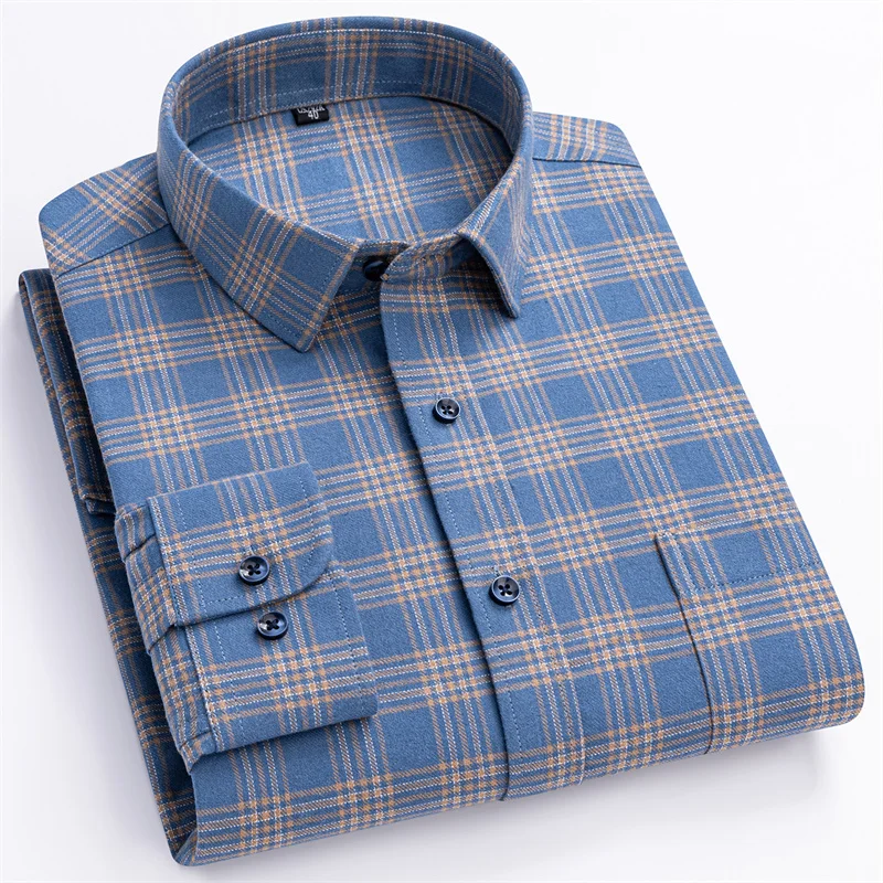 New Plaid Flannel Shirts For Men Long Sleeve 100%Cotton Fashion Casual Soft Standard-Fit Man Blouse Clothes Men's Clothing M-5XL