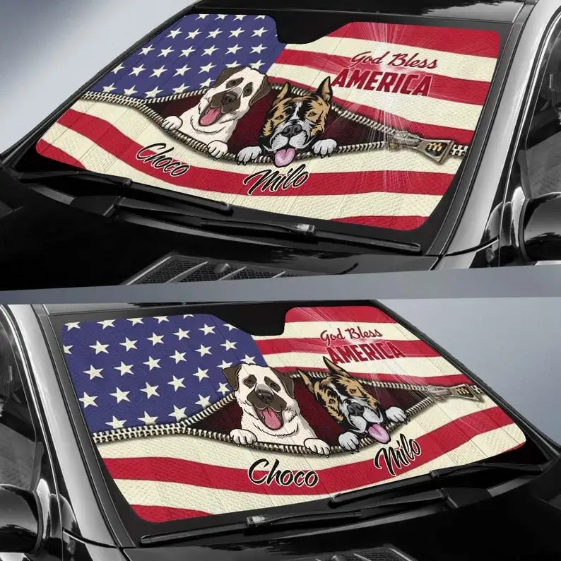 Windshield Sun Shade, Personalized Dogs Car Window Sun Shade, God Bless America, Custom Sun Shade, Car Sun Shades Windshield