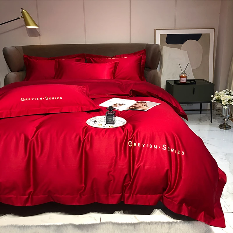 

2024 New Four-piece Bedding Simple Cotton Double Household Bed Sheet Letter Pattern Quilt Cover Comfortable Bedding Burgundy