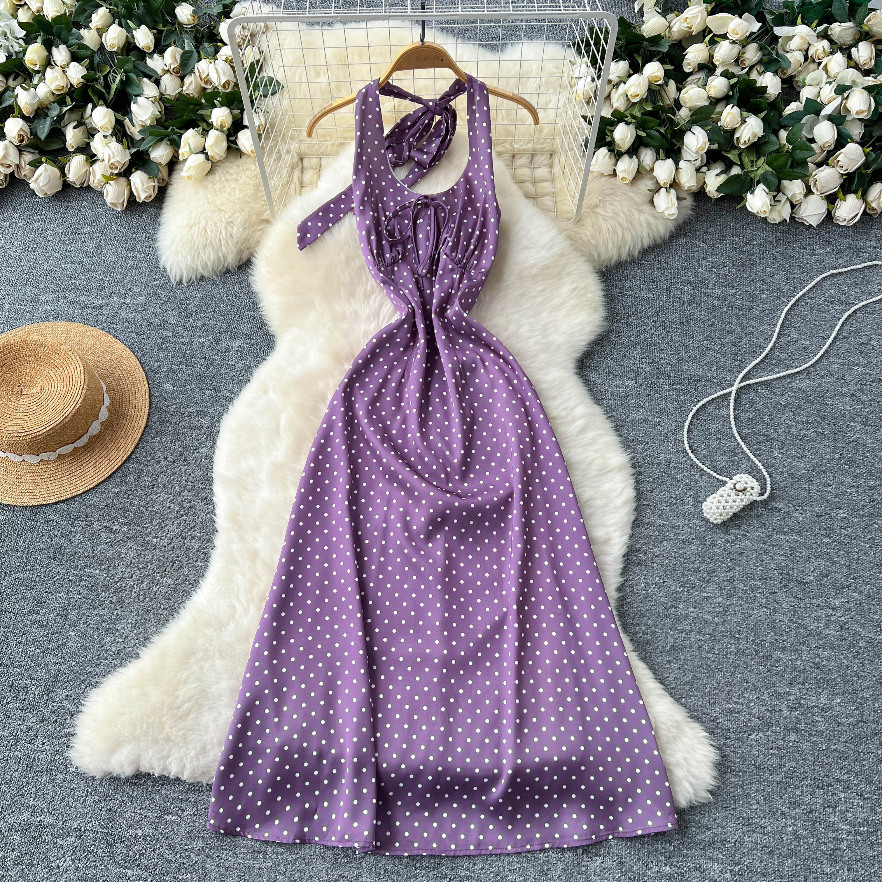 Chic Elegant Ruched Polka dot satin Korean Fashion Fairy Sexy High Waist Vestidos Summer Vacation dress