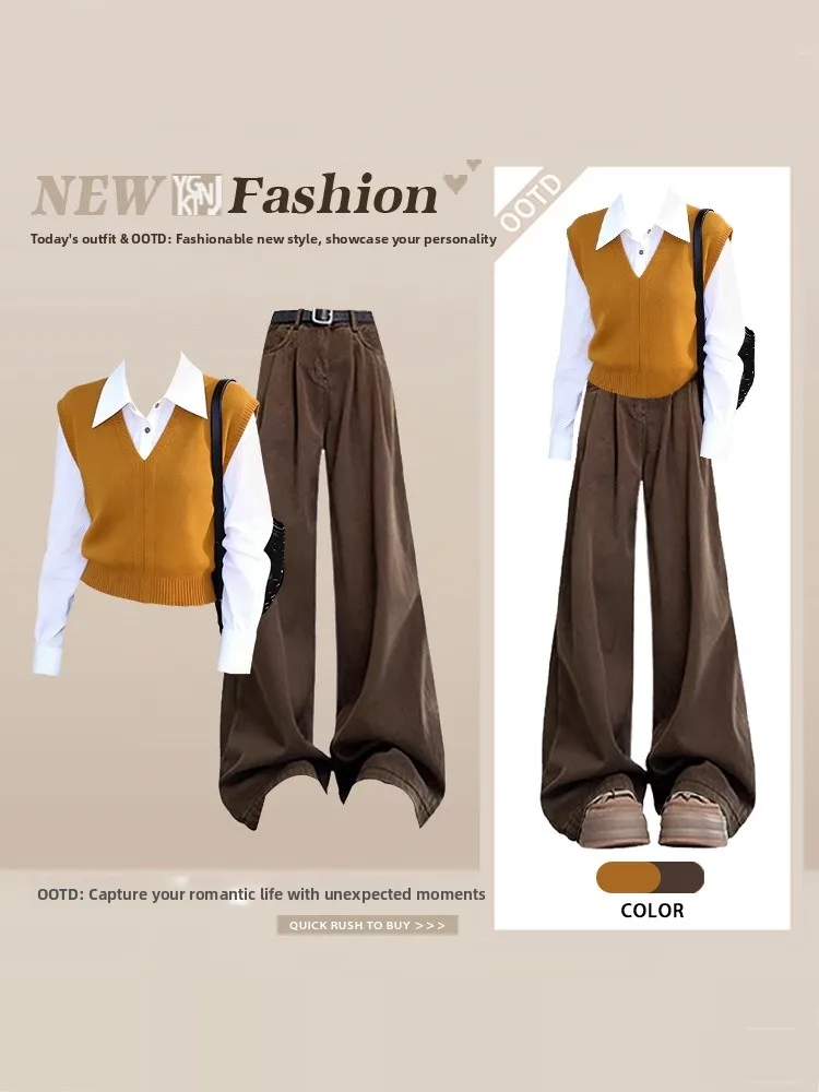 

Ретро коврик ort Вязаный свитер Широкие брюки Комплект из двух предметов Зимний слинг Гонконг Sle Clete Женская мода