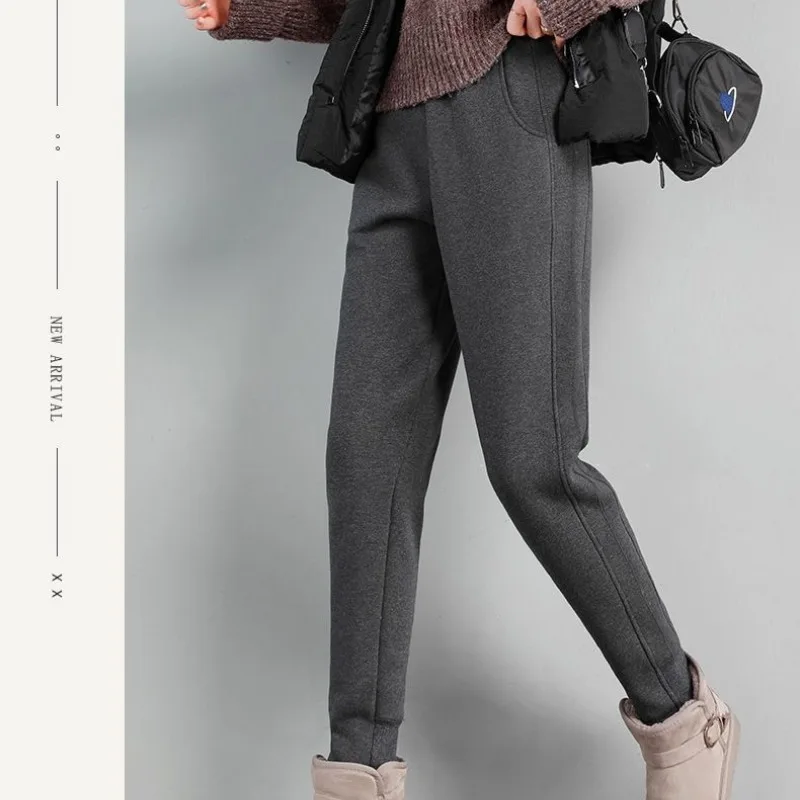 Women's Autumn Winter Flocking Elastic High Waist Pockets Drawstring Solid Harlan Feet Cargo Trousers Fashion Vintage Pants