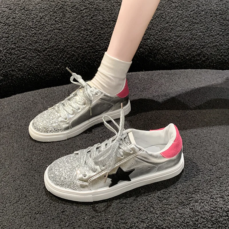 Plus Size Women 2024 New Retro Star Sneakers, Casual Comfortable Dirty Shoes Sequin Lace Up Non Slip Casual Comfortable Flats view 4