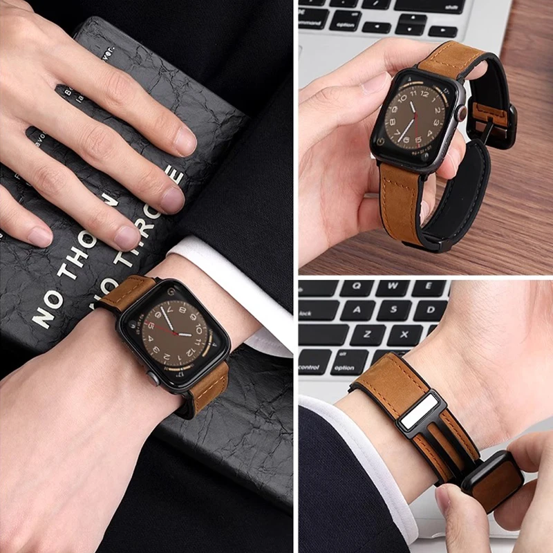 애플워치 밴드 45mm 44mm 40mm 41mm 49mm 42mm용 마그네틱 버클 가죽 스트랩, iWatch 시리즈 9 8 7 6 5 4 SE 울트라 호환