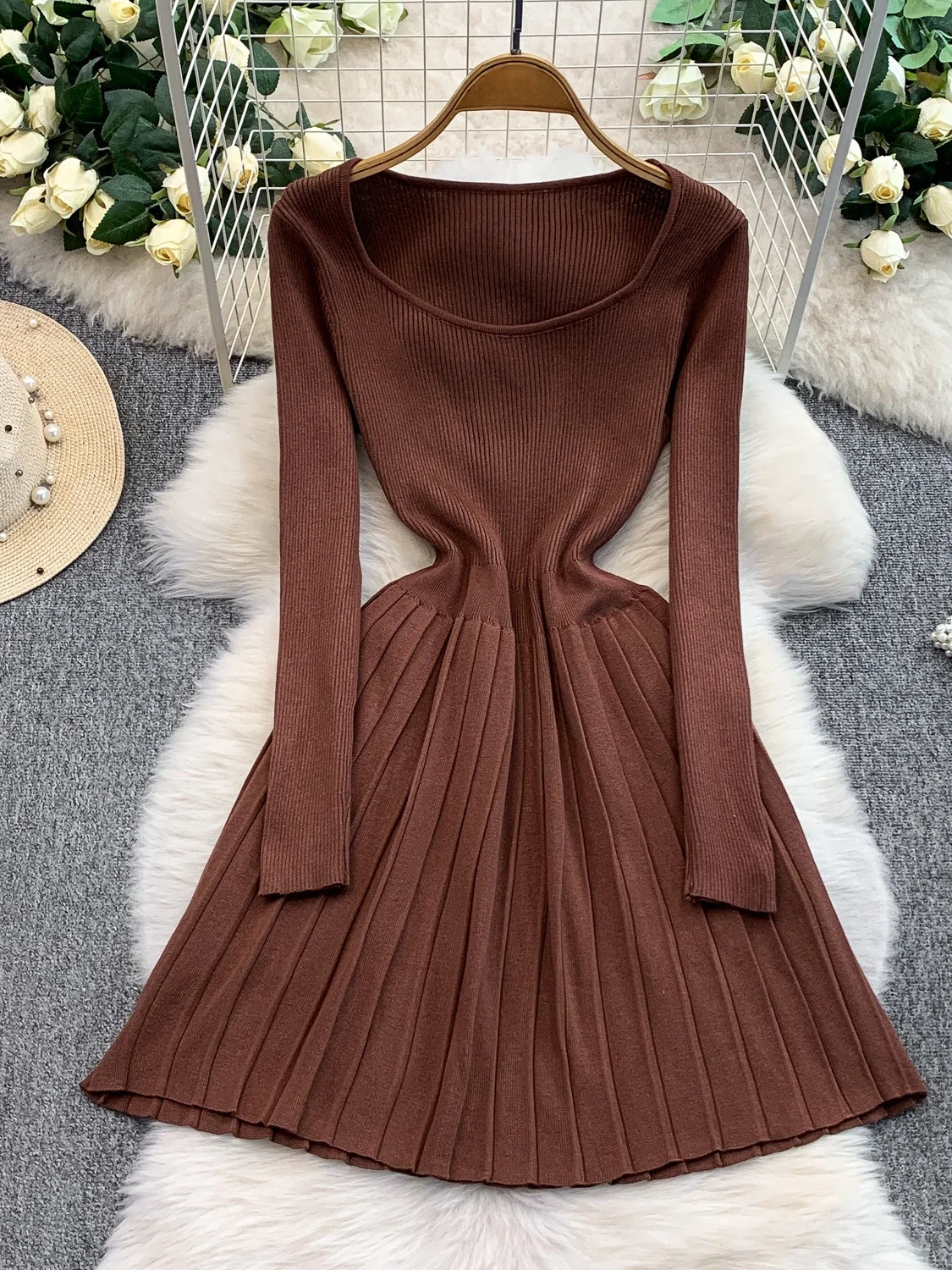 

Sexy round Ne Knitted Midi Dr Women's Inner Wear Color Slimming Pleated Mid-Length Skirt Ci Commute A-Line Dr