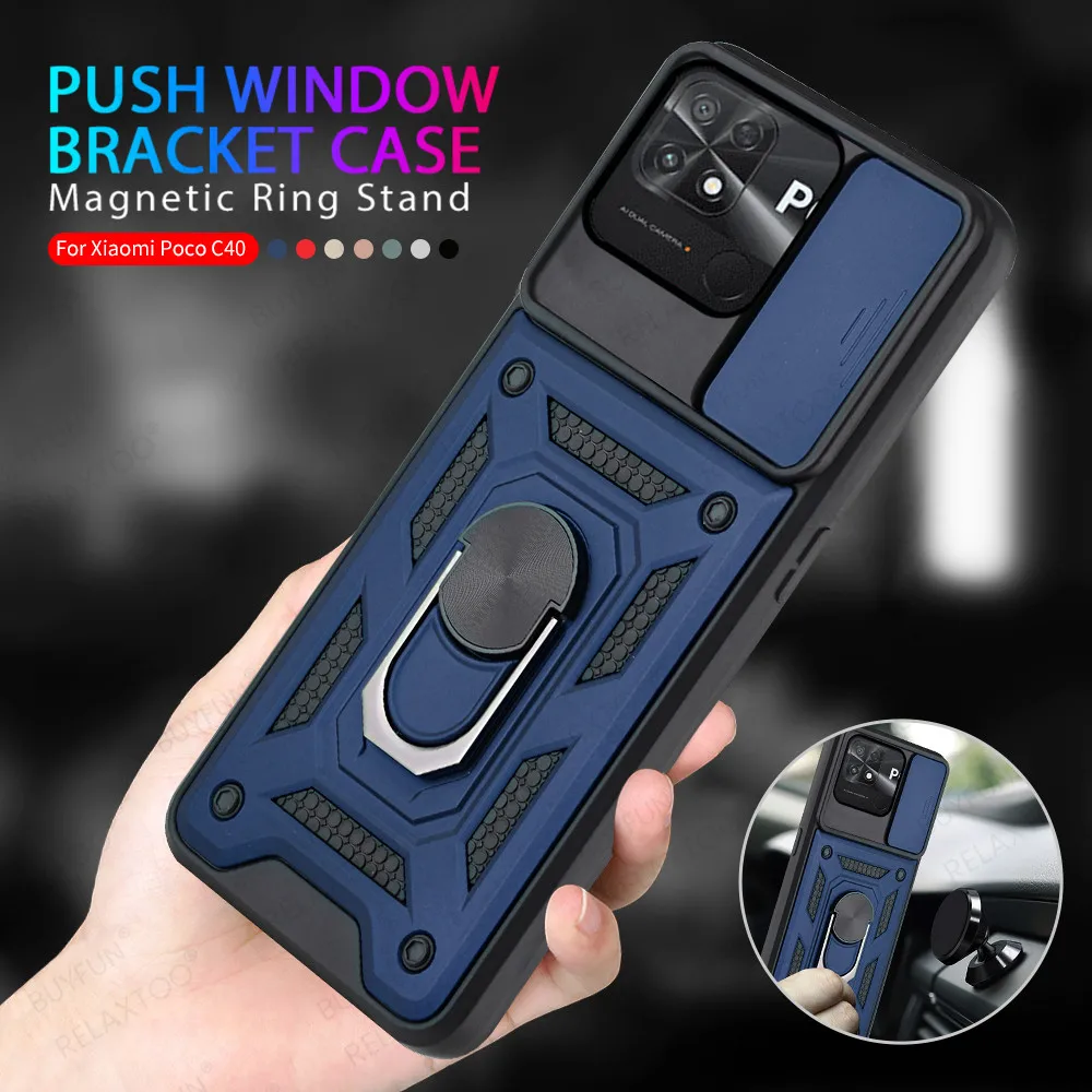 Slide Camera Shockproof Armor Case For Poco C40 PocoC40 Poxo Pocco C 40 40C 4G Car Magnetic Holder Stand Heavy Duty Cover Coque