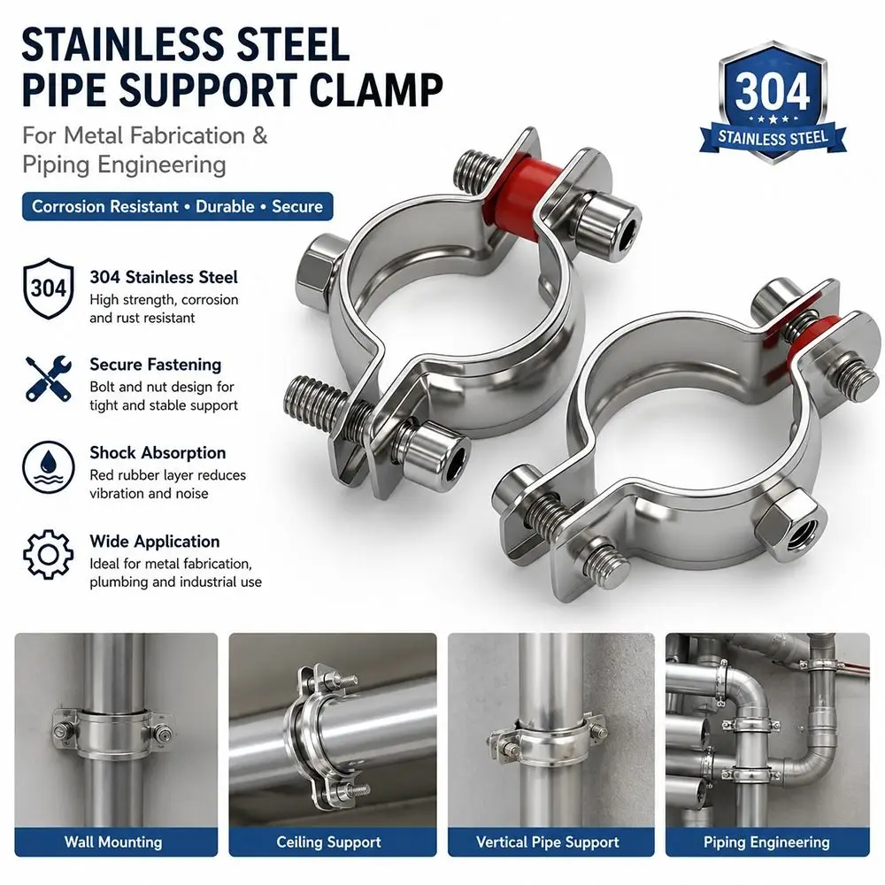 1Pcs OD 8-325mm Stainless Steel Pipe Bracket 304 Stainless Steel M8 Nut Pipe Clamp U-Shaped Fixed Support Pipe Support Bracket