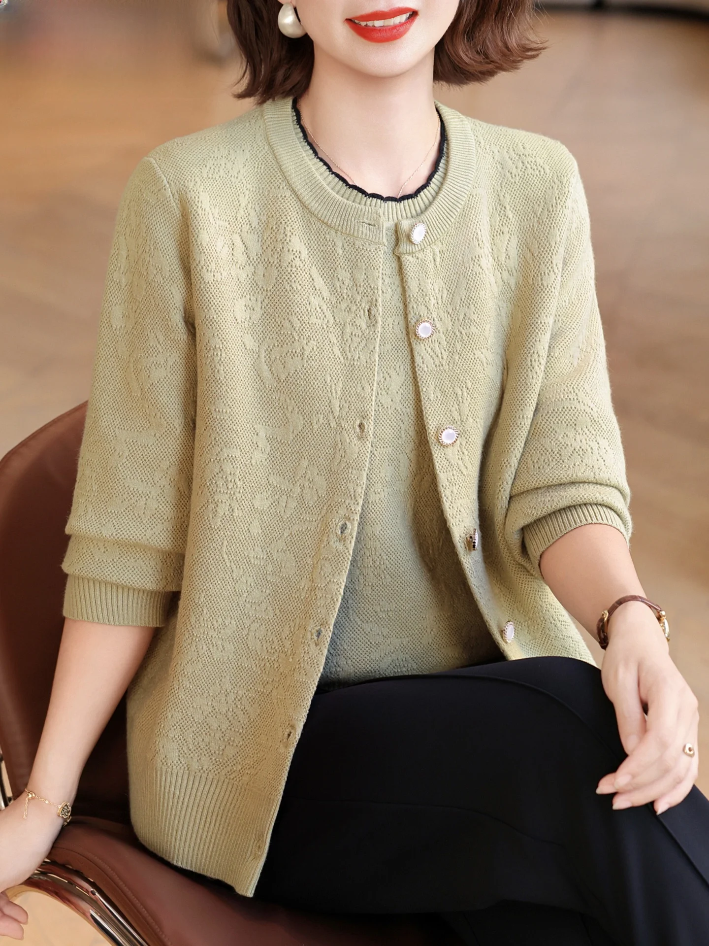 

Ele Knitted Set Autumn Faion Outerwear for Middle-Aged And ly Women Sli Open Cardigan Casual Loose Fit Button ...