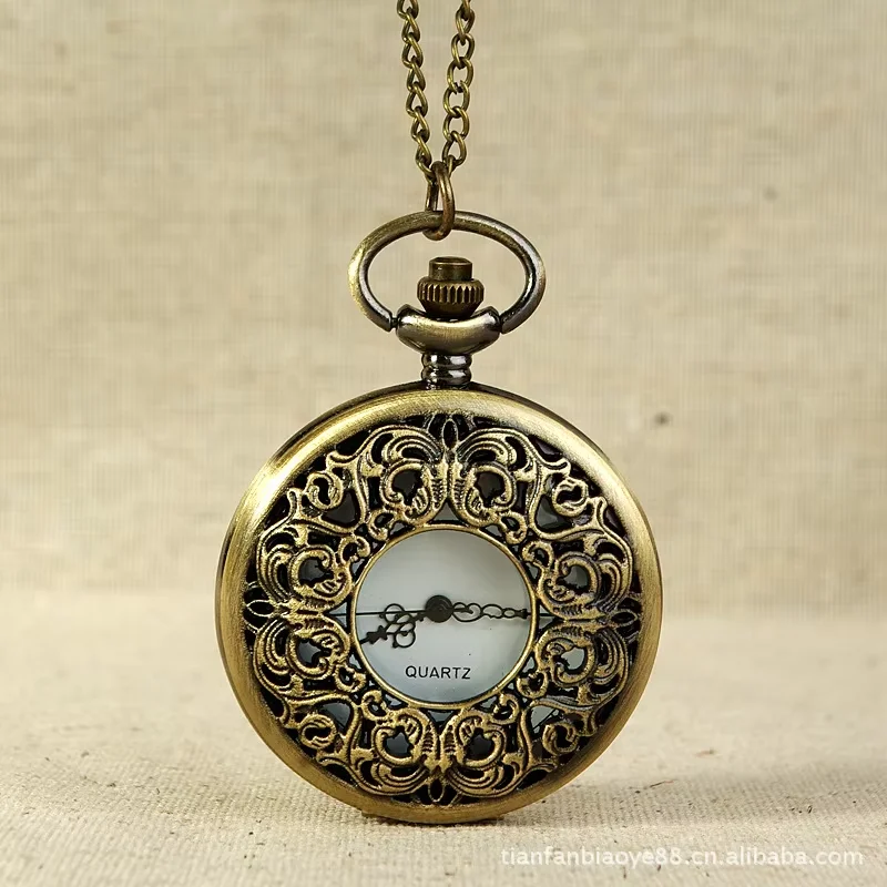 

Ring flower round skeleton pocket watch larger half hunter classic chain casual bronze Fob Pocket Watch