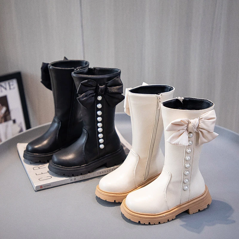 2023 New Girls High Boots PU Pearls with Bow Non-slip Fashion Children Chic Elegant Sweet Princess Boots Side Zipper Korean Wind