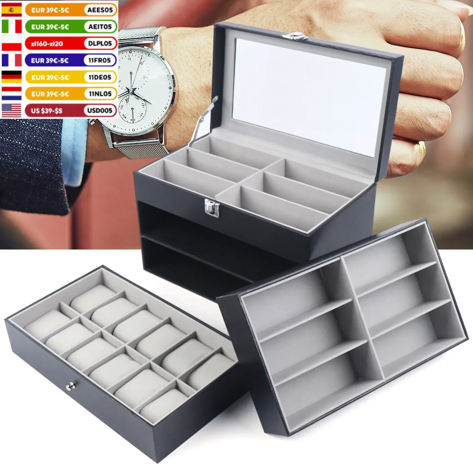 Black PU Leather 12 Watch Display Box and 12 Eyeglasses&Sunglasses Box with Jewelry Display Drawer Metal Buckle Case Organizer