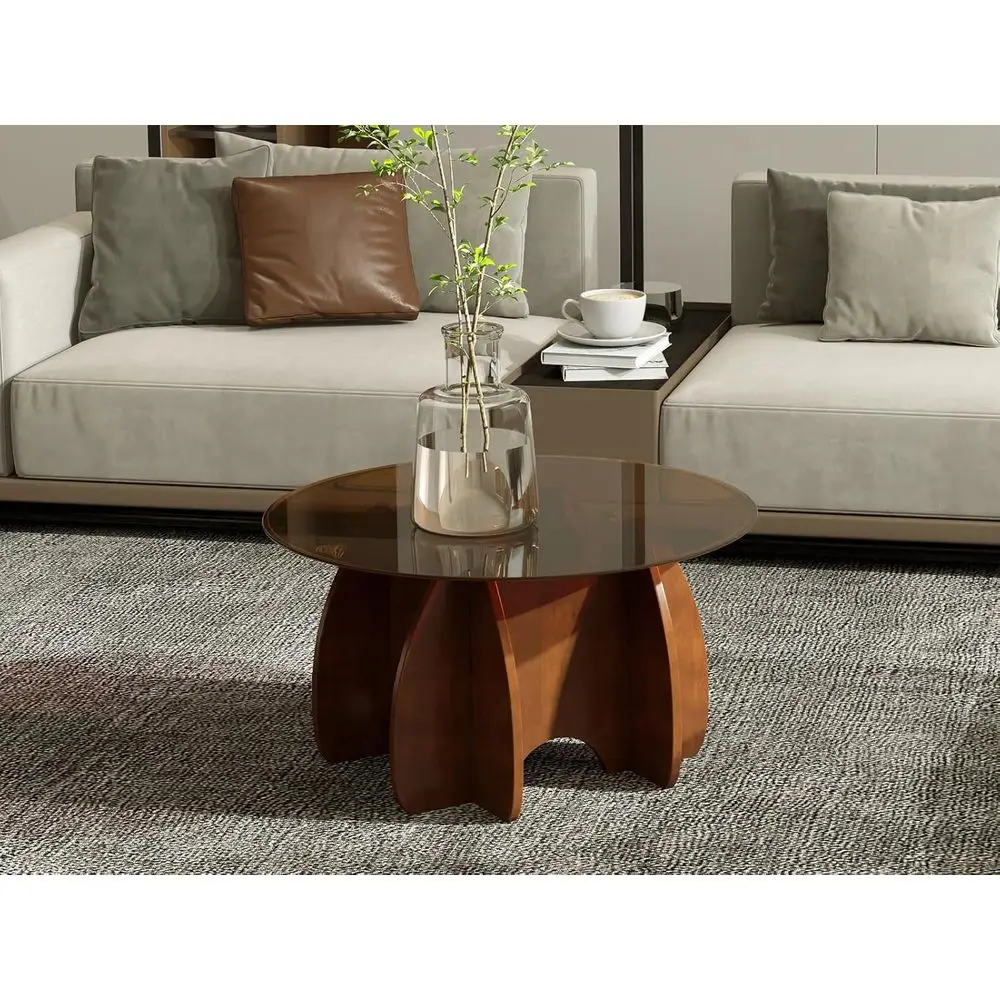 Modern Round Brown Glass Coffee Table - Extendable Accent Furniture for Small Living Spaces