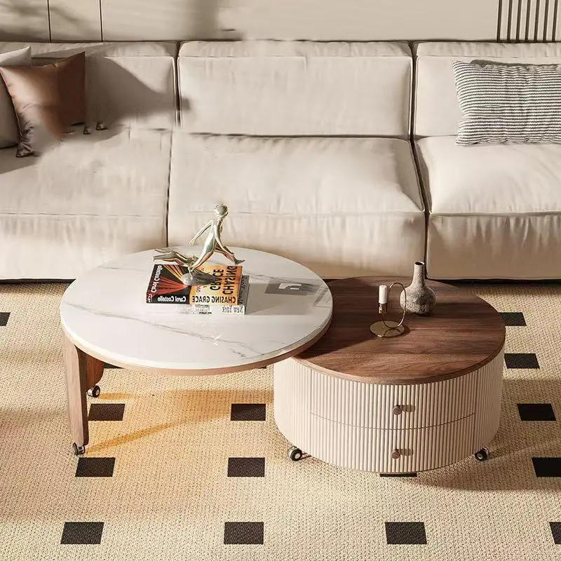 *Contemporary Round Coffee Table Set, Marble Top, Wood Veneer Storage Base, Sleek and Functional for Modern Interiors.