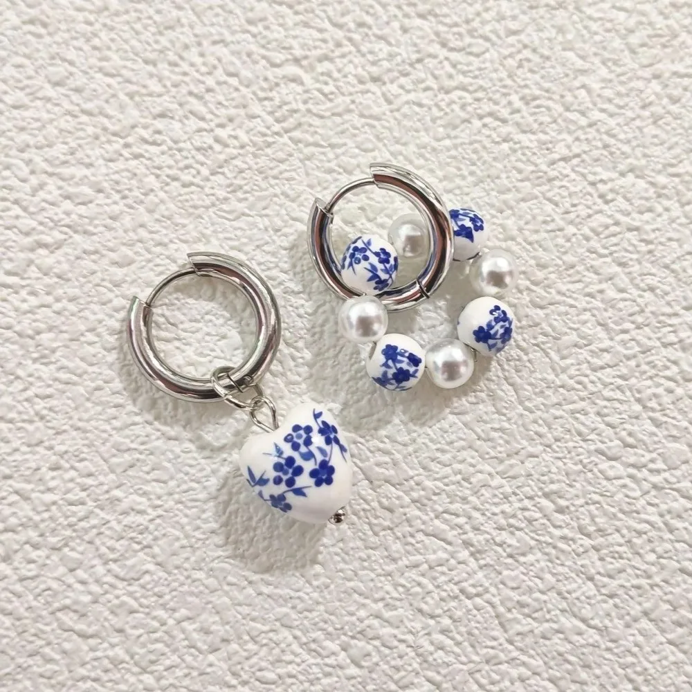 Blue White Color Ceramic Pendant Earrings Ear Buckle Stainless Steel Ear Buckle Chinese Style Hanfu Accessories Heart Earrings