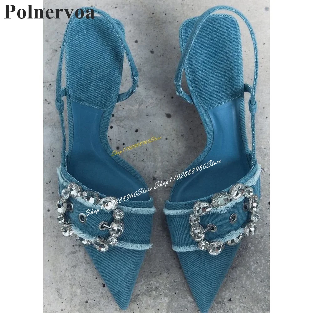 Slingback Peacock Blue Crystal Cloth Sandals High Heel Women Shoes Back Strap Pointed Toe 2024 Fashionable Zapatos Para Mujere