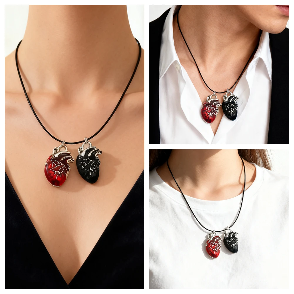 New Gothic Style Red and Black Heart Necklace Double Pendants Medical Cardiology Jewelry Neck Chain for Women Men Punk Gifts