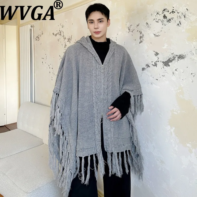 

WVGA Autumn Winter New Men's Tide Tassel Edge Hooded Shawl Sweater Trendy Personality Niche Chic Casual Cardigan Tops Ins W12467