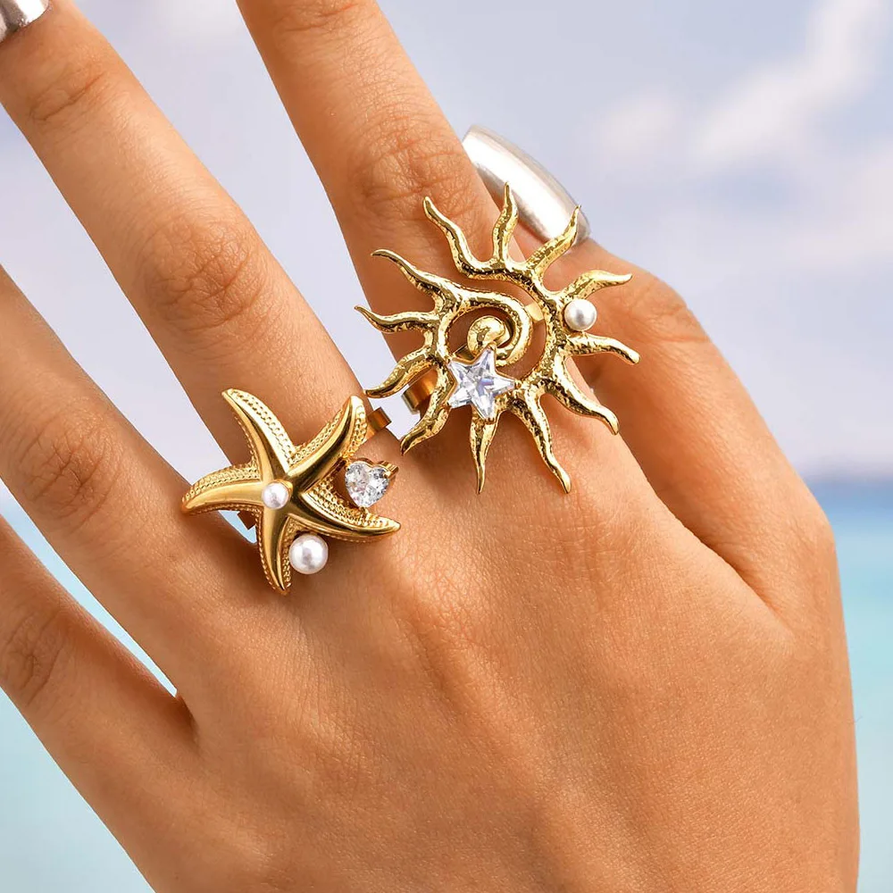 

Open Sun Starfish Ring, Statement Zirconia Pearls Inlay Knuckle Adjustable Rings for Women, Waterproof Stainless Steel Jewelry