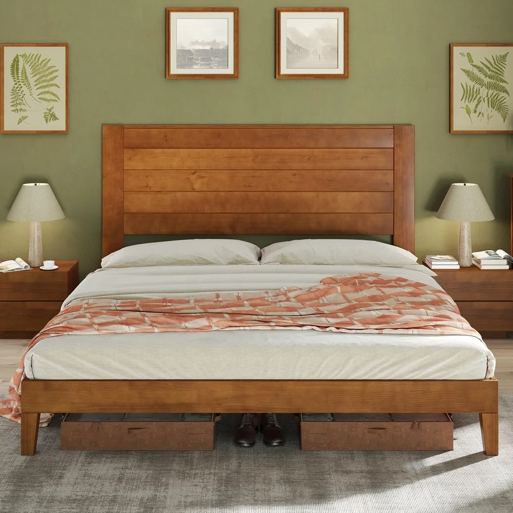 Farmhouse Solid Wood Full Size Bed Frame with Headboard