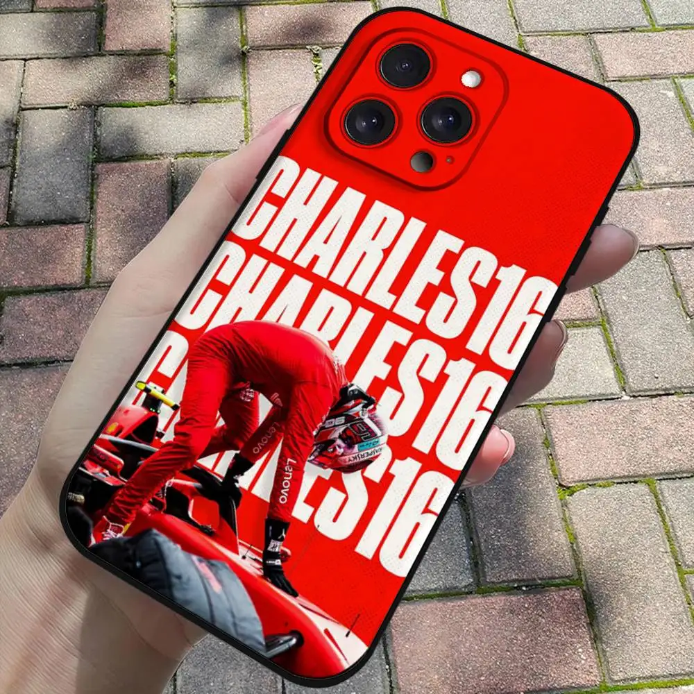 حافظة هاتف Formula 1 F1 C- Charles Leclerc غلاف أسود لهاتف آيفون 17/16/15/13/14 Pro Max/ 11 Plus/X/Xr/Xs Max/12 نماذج صغيرة