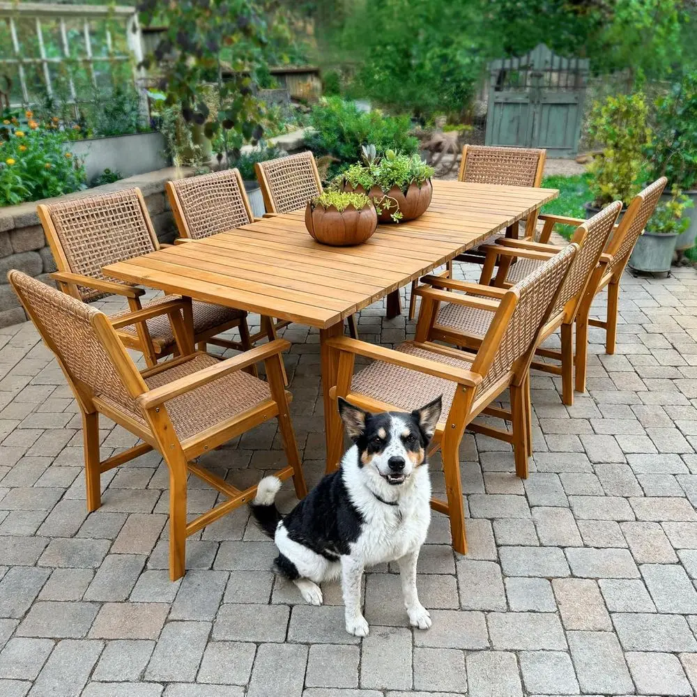 8-Piece Rattan Chair Set with Acacia Wood Outdoor Dining Table for Patio, Garden, Porch, and Poolside