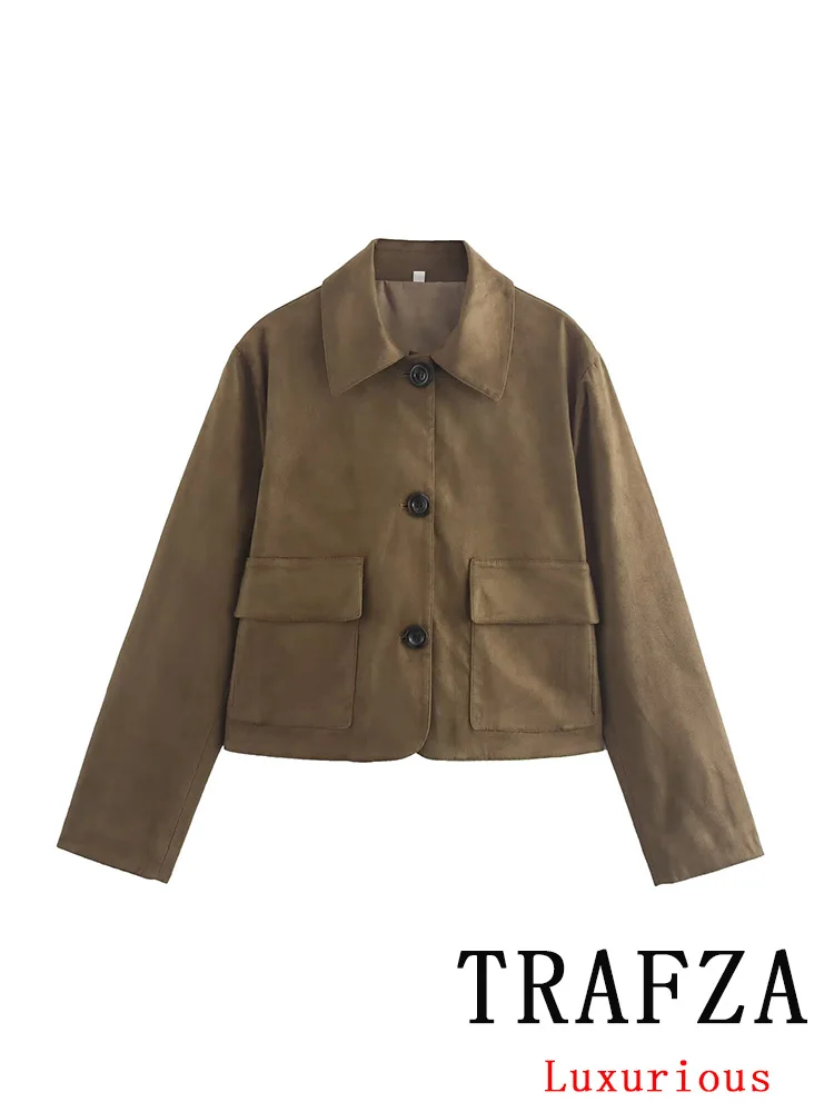 TRAFZA Vintage Chic Women Blazer Solid Turn-Down Collar Long Sleeve Blazer New Fashion 2024 Autumn Winter Office Lady Blazers