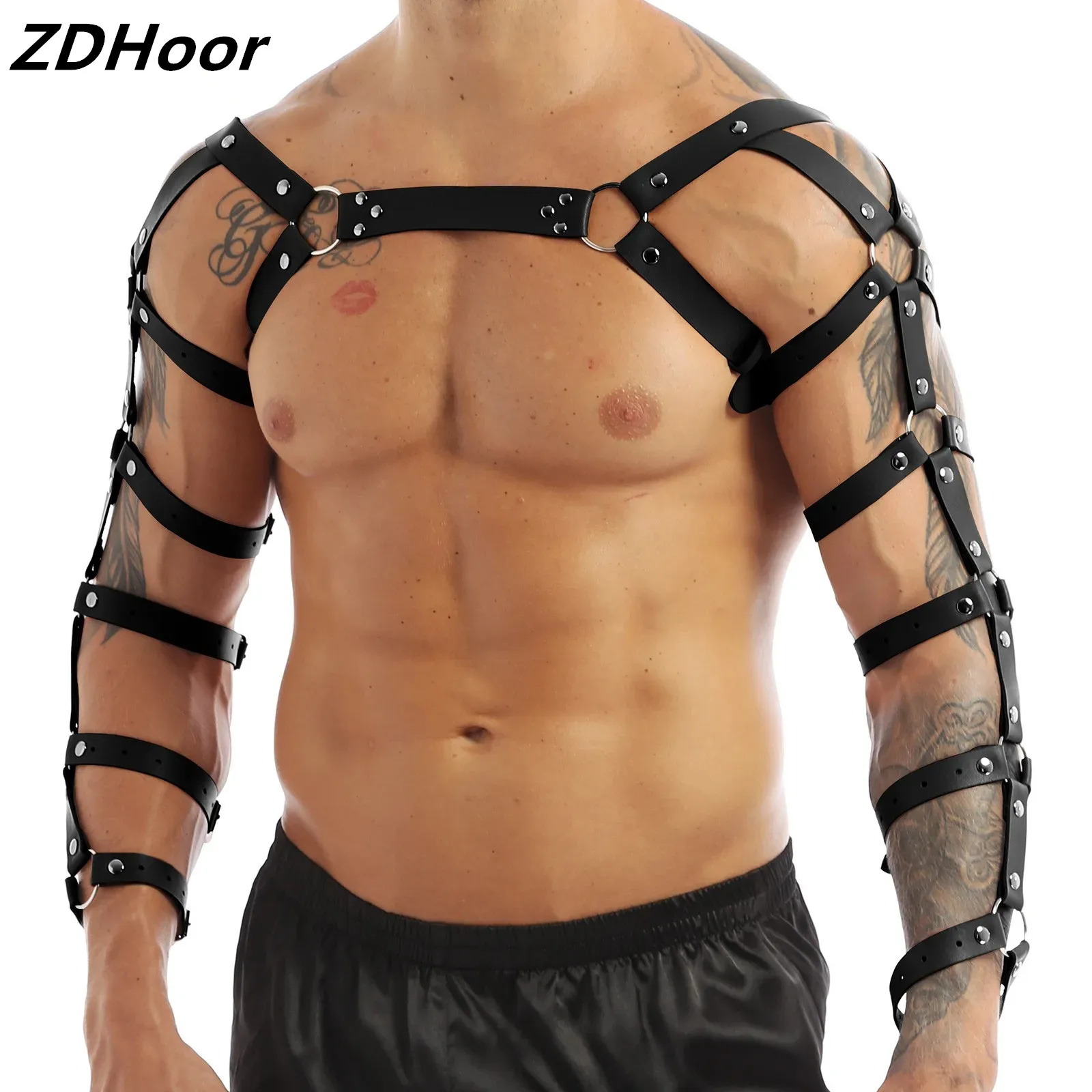 

Men Gothic Punk Faux Leather Harness Costume Adjustable Arm Caged Body Chest Muscle Belt with Metal O Rings