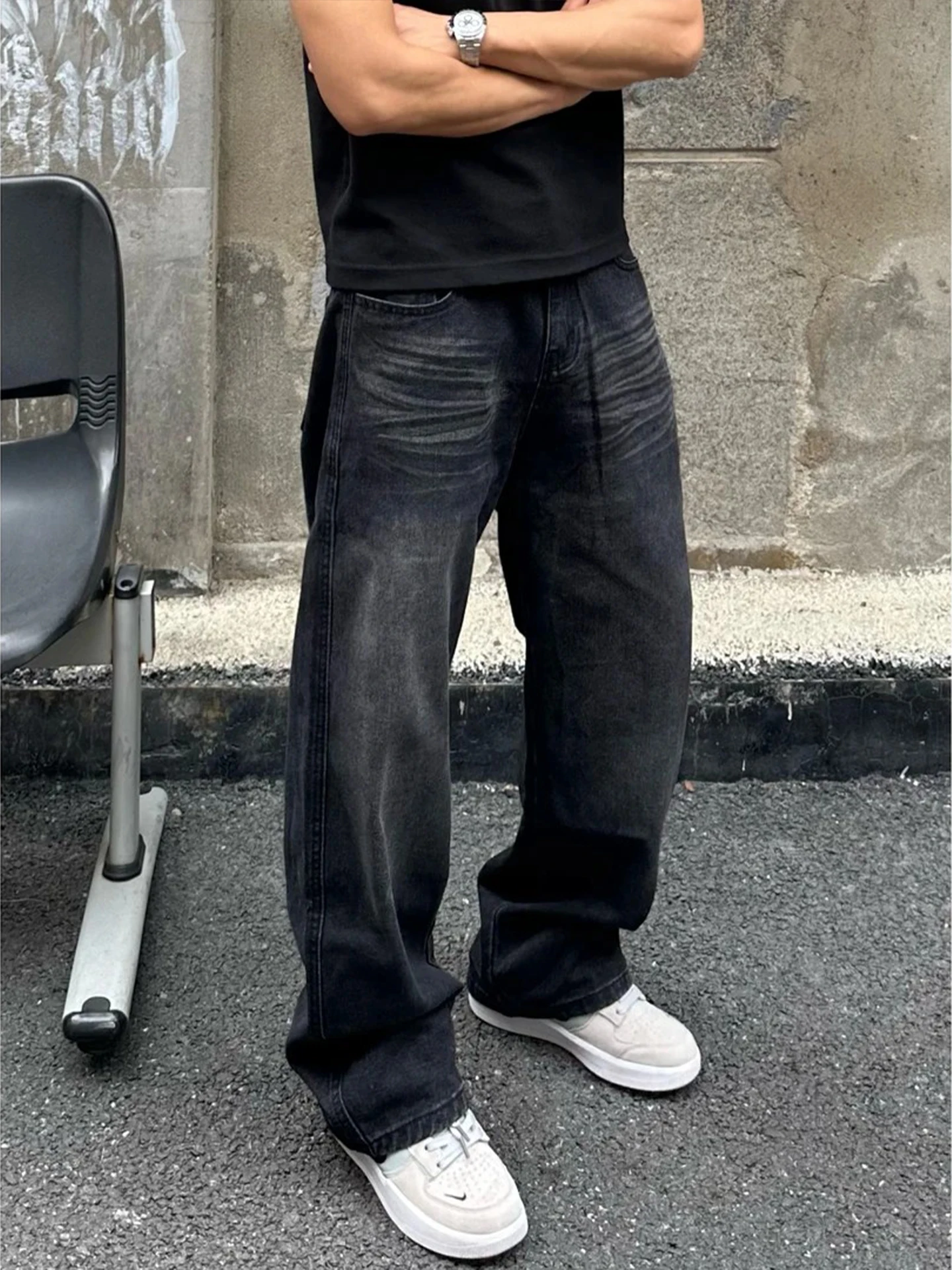 

Waed Bla -Eyed Jeans Men's Autumn Winter Thiened Fce Straight Leg Warm Wide Leg Pants American Vibe Casual Jeans
