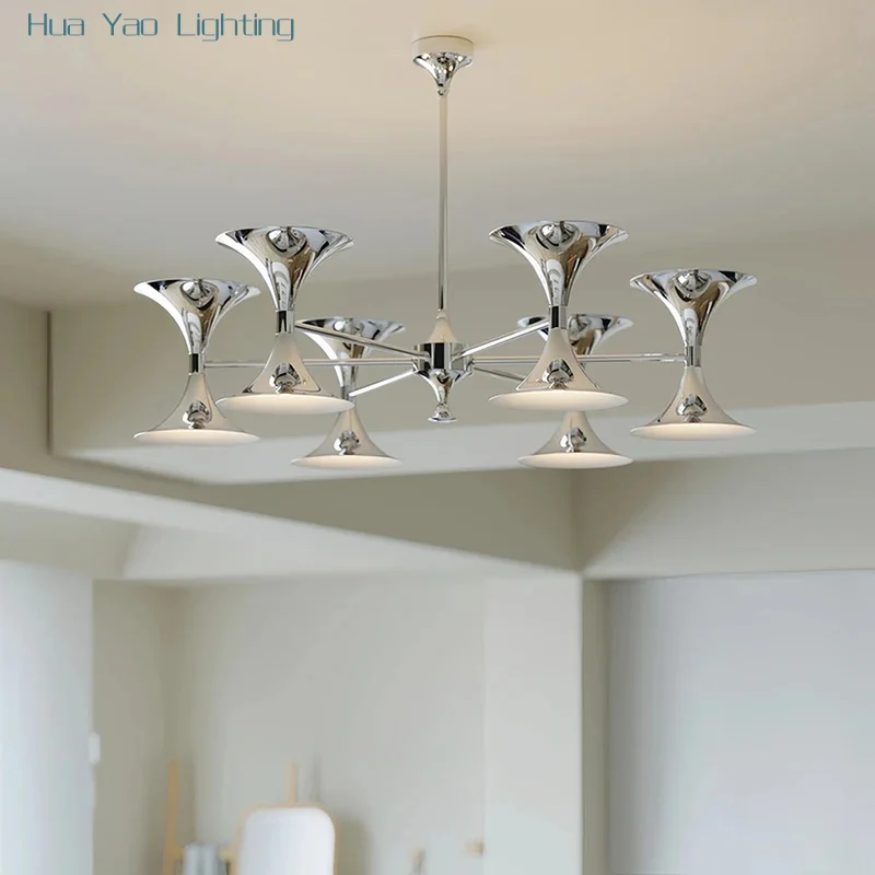 Bauhaus Chrome Pendant Lights 8/10 Heads Silver Horn Chandelier For Living Room Dining Bedroom Kitchen Metal Decor Hanging Lamp