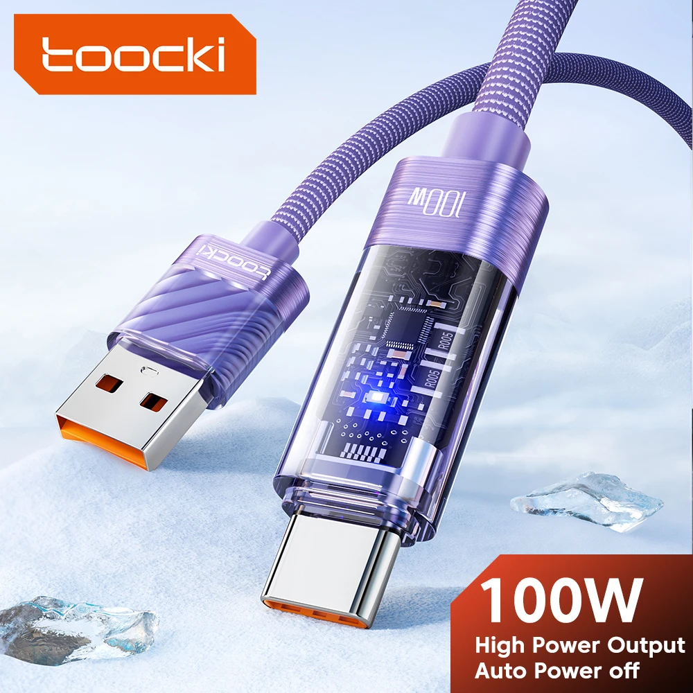 Toocki 6A USB To Type C Cable Smart Power Off Data Cable 100W Fast Charge For Huawei Mate 60 Xiaomi 14 Samsung Transparent Cord