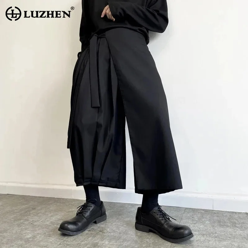 

LUZHEN 2024 Trendy Elegant Solid Color Pleated Design Casual Culottes Men High Street Loose Straight Nine Points Trousers LZ4296