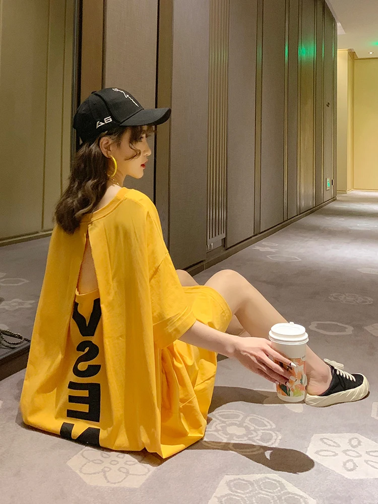 

Plus Size Summer Korean Sle Long Over-Knee ort Sve T-irt Dr Women's Sexy Bal Loose plus Size Casual Long Dr