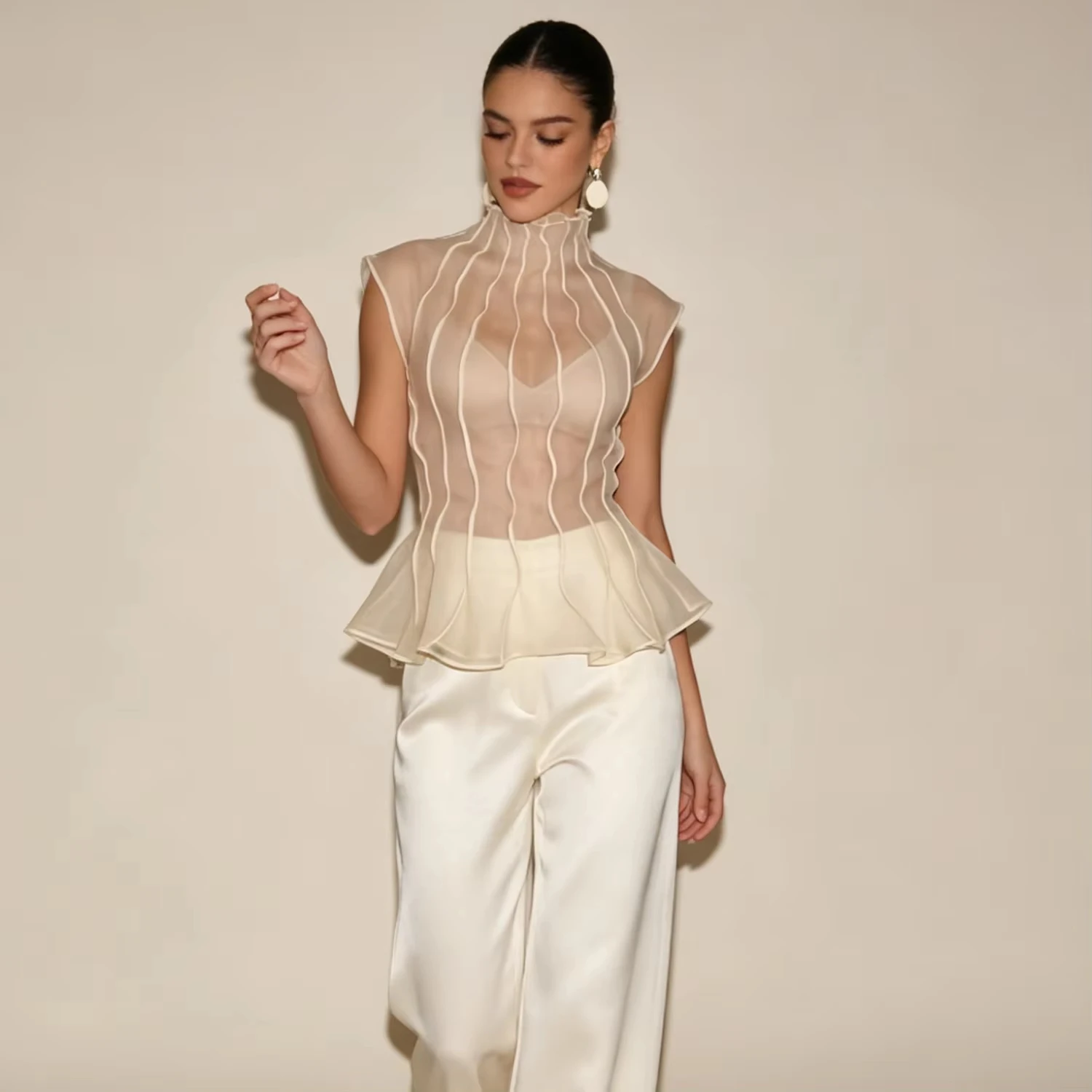 Sleeveless Sheer Turtleneck Peplum Blouse Women Wavy Striped Mesh See Through Ruffle Hem Slim Office Party Top