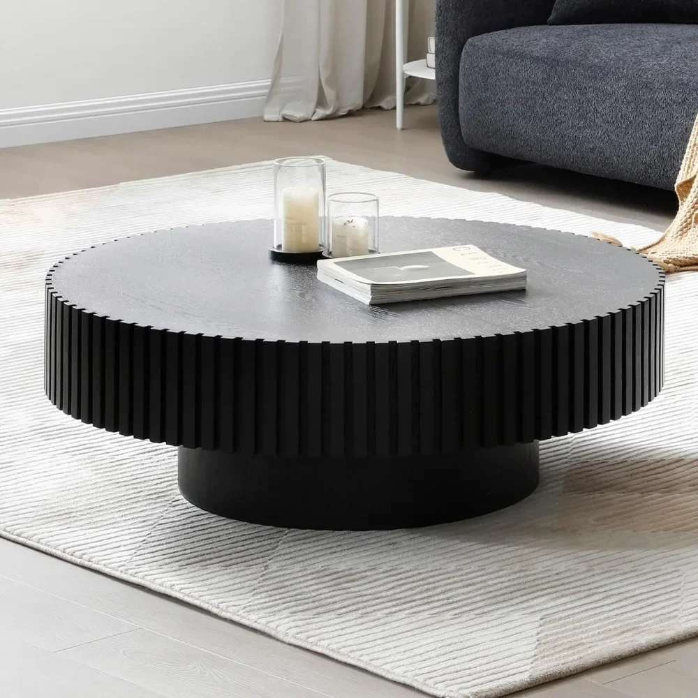 Round Coffee Table, Wood End Tables For Living Room Modern Circle Fluted Drum Side Tables Easy Assembly Center Coffee Table