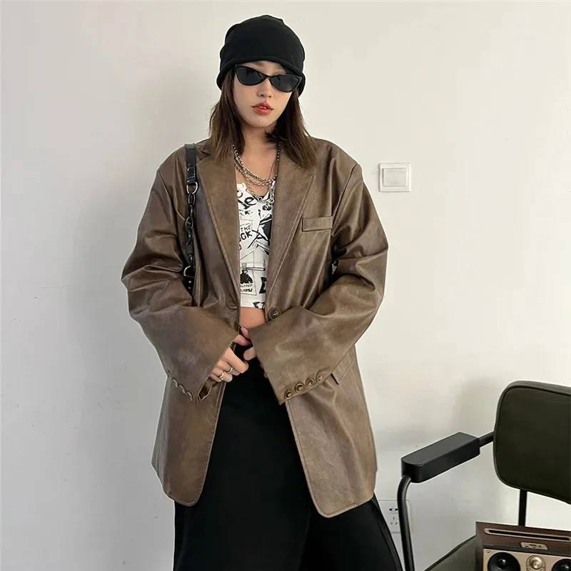 Giacca in finta pelle PU marrone Primavera Autunno Donna Casual Colletto dentellato allentato Manica lunga Cappotto imitazione Chaqueta Mujer