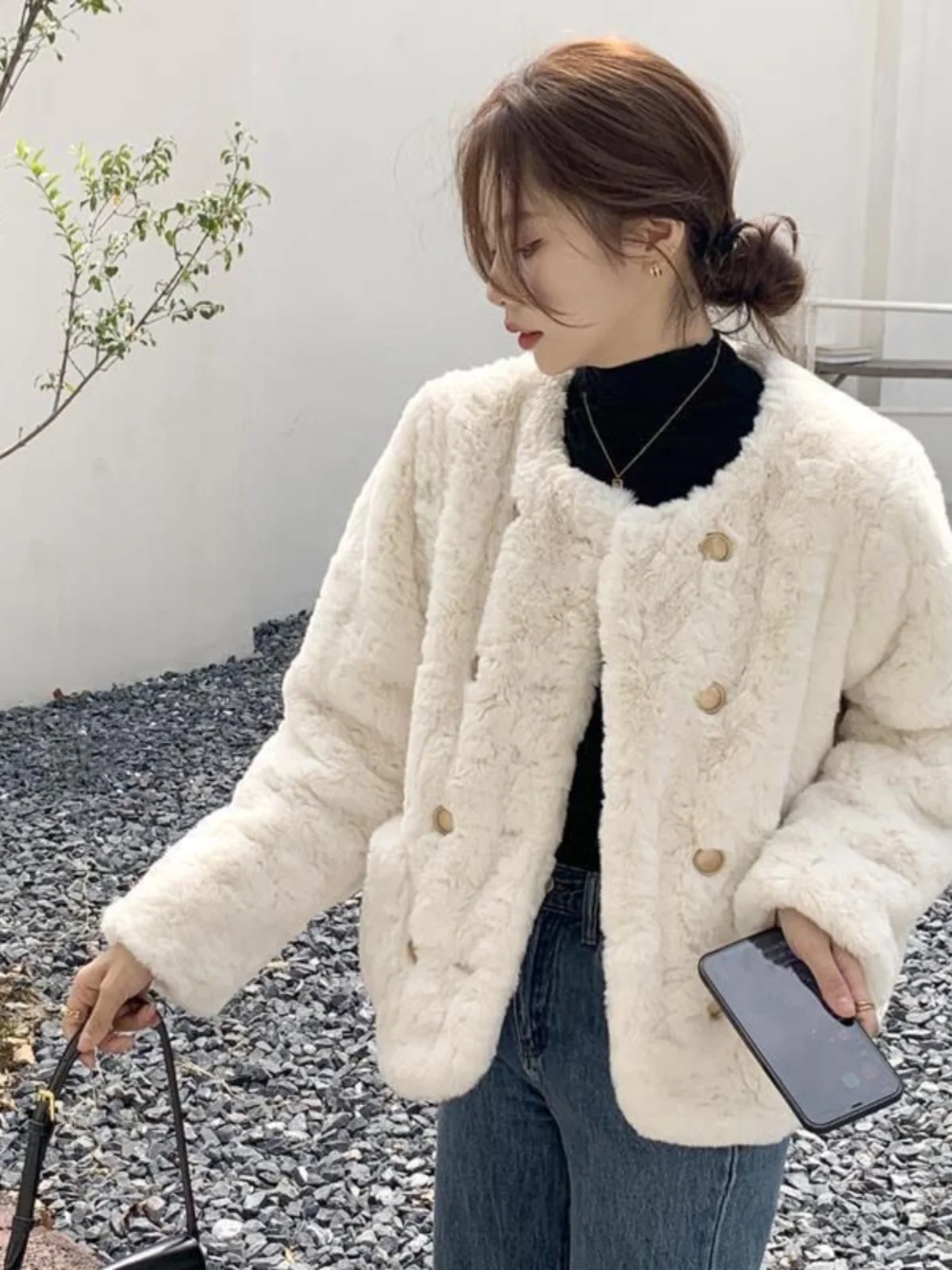 

Lamb Fur Jaet Women's ort Thiened Winter New Loose Cotton Coat Fem Youth College Sle Sweet Vertical Fur Double Button