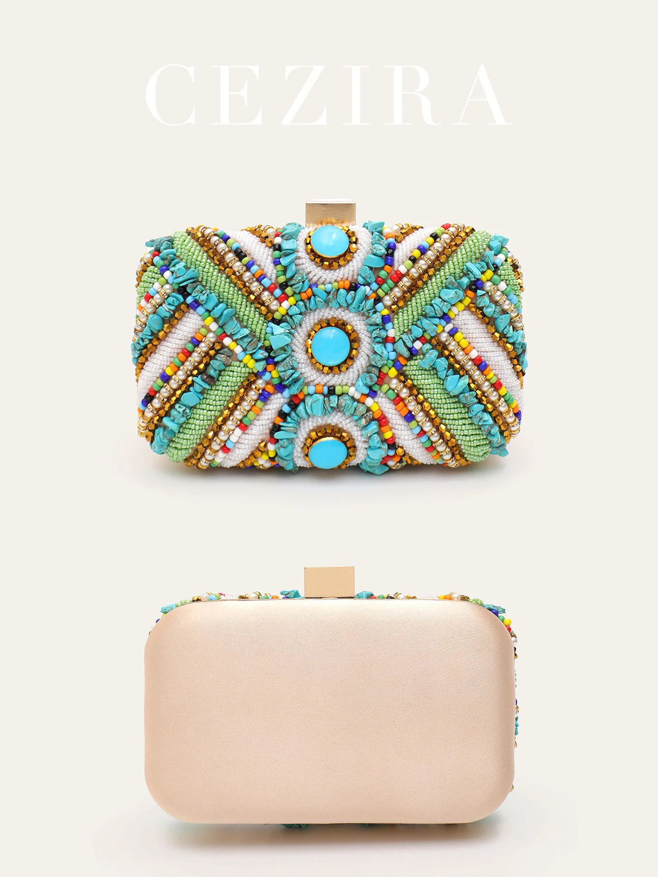 CEZIRA Women's Glamorous Luxury Colorful Beads Pearls Clutch Metal Frame Case Evening Bag Long Chain Purse Party Wedding Holiday view 5